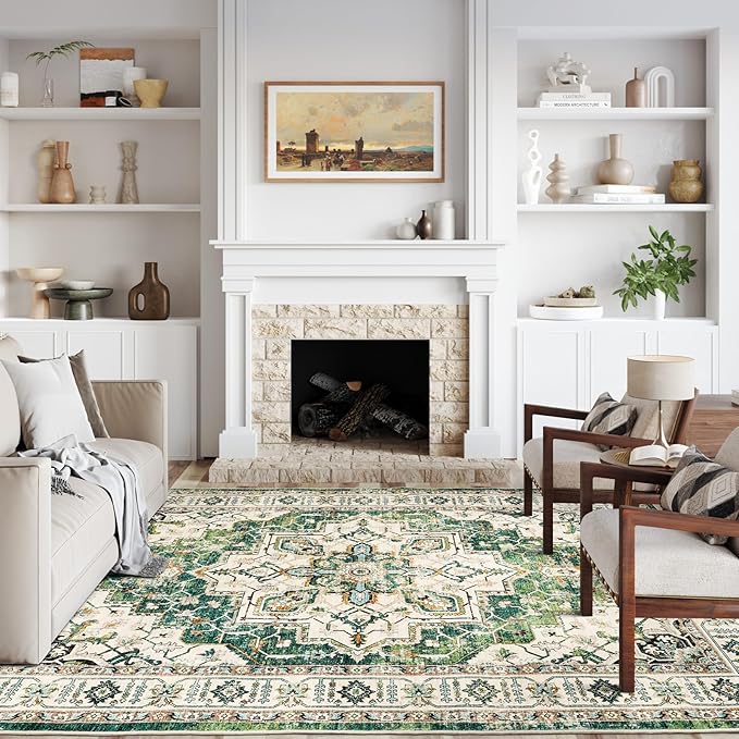 zesthome 6x9 Area Rugs, Machine Washable Rugs for Living Room, Bedroom,Stain Resistant Vintage Large Area Rug,Non-Slip Medallion Pattern Home Decor Rugs (Green,6'x9')