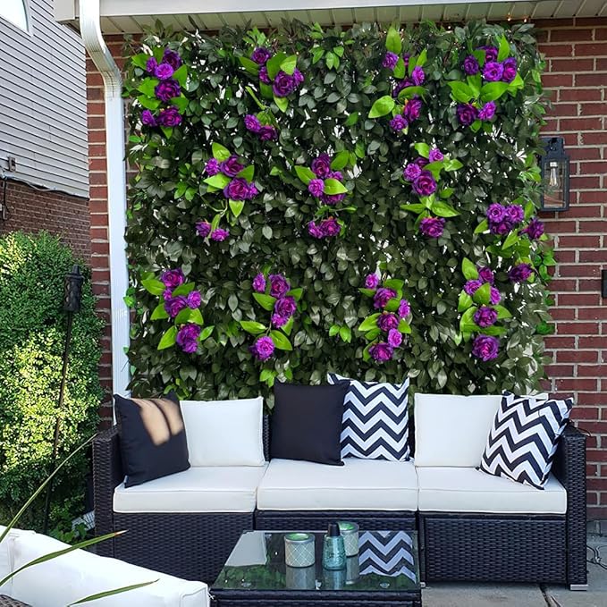GLANT Expandable Fence Privacy Screen for Balcony Patio Outdoor,Decorative Faux Ivy Fencing Panel,Artificial Hedges (Single Sided Leaves) (1, Branches -Purple Rose)