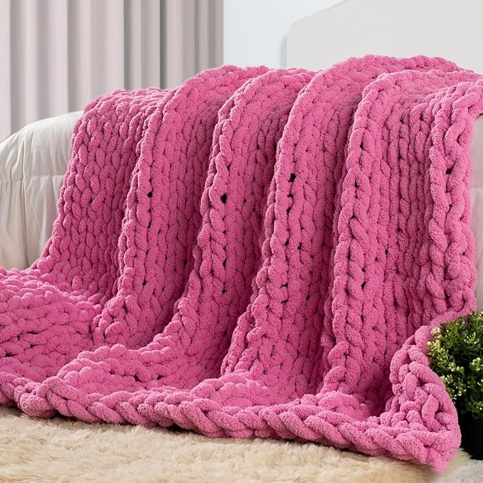 Carriediosa Chunky Knit Throw Blanket 60" X 80" Twin, 100% Hand Made Large Chenille Loop Yarn Soft Fluffy Throws for Couch Sofa Bed, Big Crochet Cozy Heavy Thick Cable Woven Blankets, Hot Pink