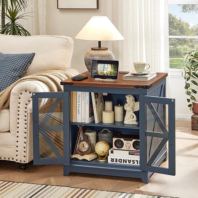 Farmhouse End Table Set 3, Narrow 18'' Night Stand with Glass Barn Door, 24" Square Side Table with Charger Station, Living Room Furniture Sets, Wood Nightstand Bedside Tables for Bedroom
