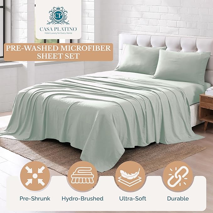 Casa Platino Twin Size Sheets Set – Pre-Washed Bedding, Ultra Soft & Cozy, 3 Piece Set, Fade-Resistant Sheet Set Twin, Brushed Durable Microfiber Sheets with Deep Pockets – Mineral