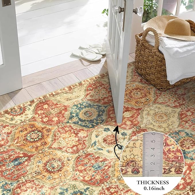 Lahome Moroccan Trellis Washable Round Rugs, Non-Slip Soft Round Rug 4ft Ultra-Thin, Small Vintage Circle Carpet for Entryway Kitchen Bedroom Nursery Bathroom, Red/Orange