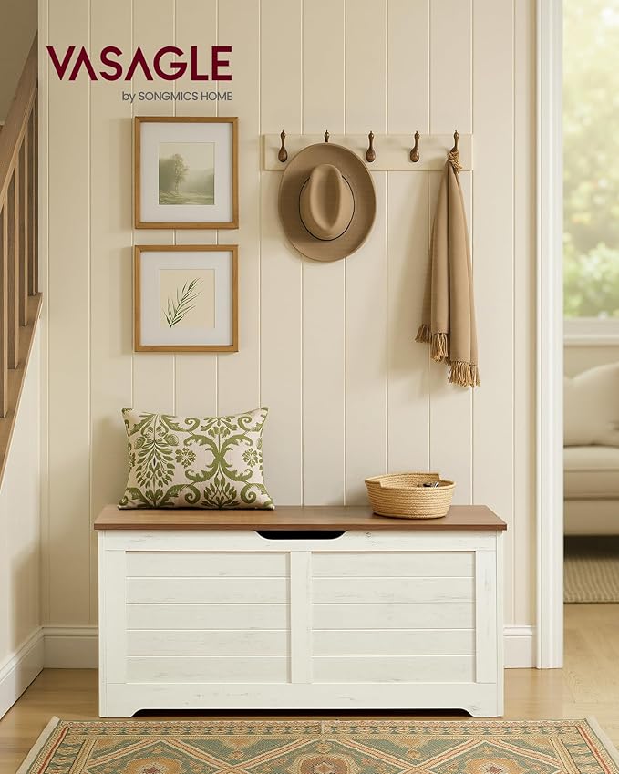 VASAGLE Storage Chest, Storage Bench with 2 Safety Hinges, Farmhouse Style, 15.7 x 39.4 x 18.1 Inches, for Entryway, Bedroom, Living Room, Honey Brown and Rustic White ULSB061WJ02S