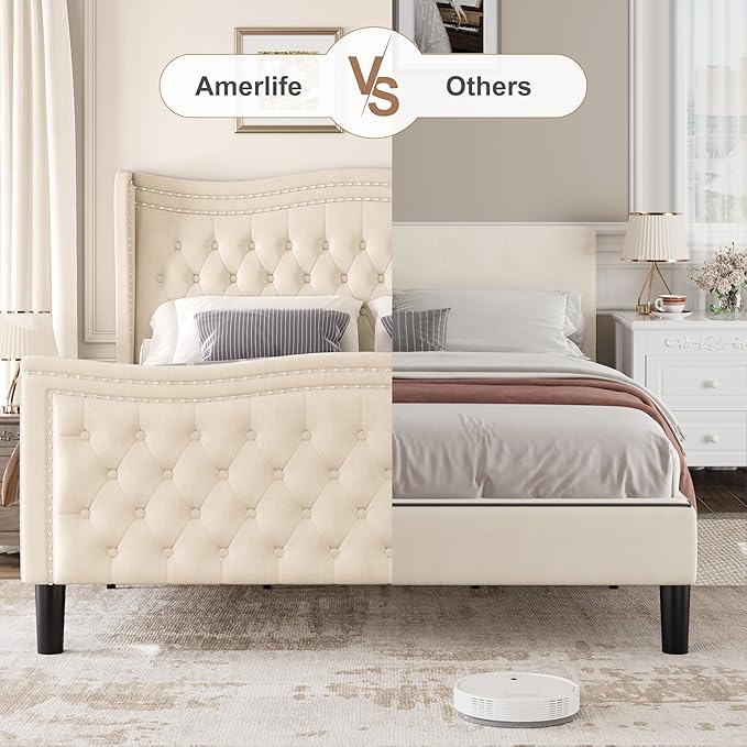 King Bed Frame with Tall Headboard & Footboard, Velvet Upholstered Platform Bed Frame with Deep Button Tufted Wingback, No Box Spring Needed, Noise Free, Beige
