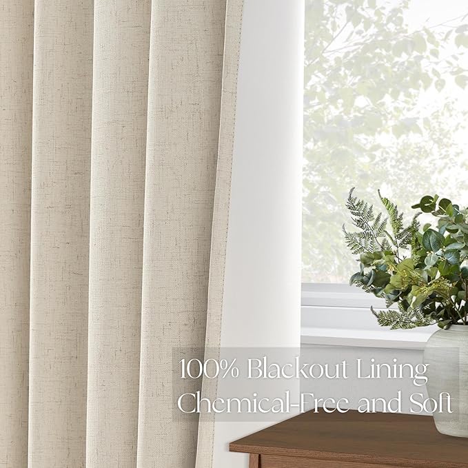Topfinel 94 Inches Long Cream Colored Custom Blackout Linen Curtains, Beige Pinch Pleated Noise Cancelling Curtains with Pin Hooks for Traverse, Burlap Viral Drapes 2 Panels for Living Room Bedroom