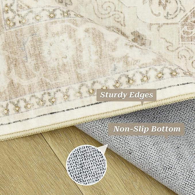 8x10 Area Rugs, Washable Rugs, Large Stain Resistant Beige Area Rug for Living Room Bedroom Dining Room, Vintage Farmhouse Rug