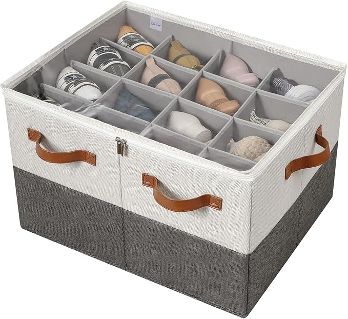 Shoe Organizer for Closet, Foldable Shoe Box with Adjustable Dividers and Clear Cover, Space Saving Shoe Storage Organizer Cabinet with Reinforced Handles, Fits 16 Pairs TP09WG