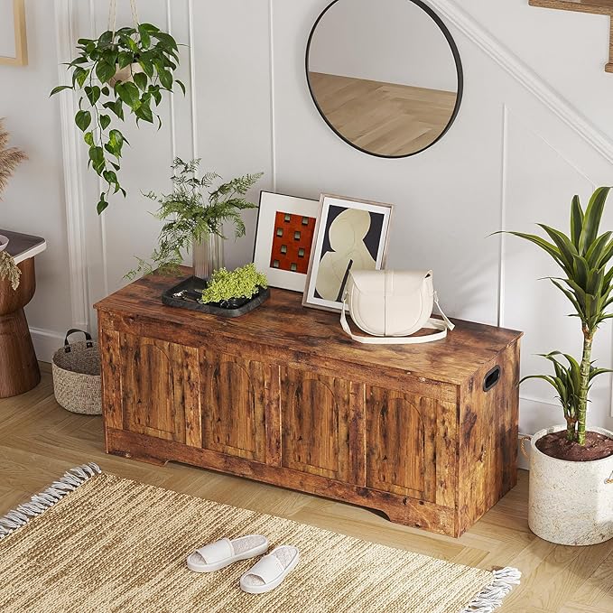 DINZI LVJ Storage Chest, 47.2”Wooden Storage Box with 2 Safety Hinges, Entryway Shoe Bench with Flip-Top, Large Trunk for Living Room, Bedroom, Easy Assembly, Rustic Brown