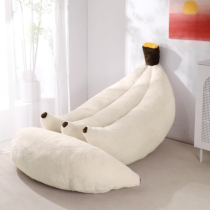 Banana Bean Bag Chair with Ottoman, Floor Sofa Bed with Footrest, Comfy Convertible Lounger for Adults, Plush Couch for Bedroom, Living Room or Dorm, L-Cream