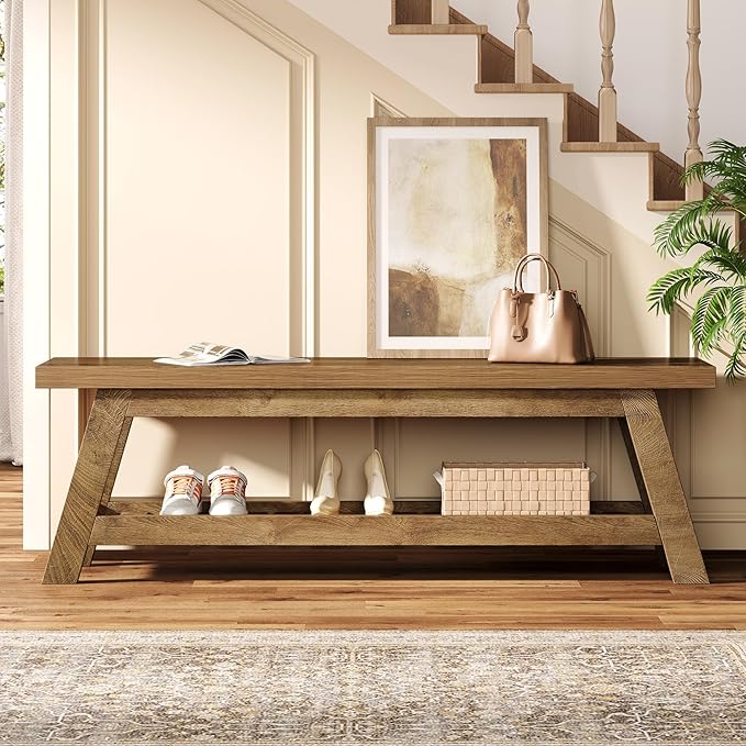 Tribesigns 55" Wood Entryway Bench with Shoe Storage, Large 2-Tier Narrow Hallway Foyer Seating Bench with Open Shelves for Entryway, Bedroom, Mudroom
