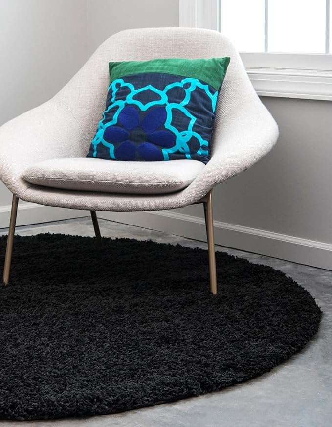 Unique Loom Solid Shag Collection Area Rug (5' 3" Round, Jet Black)