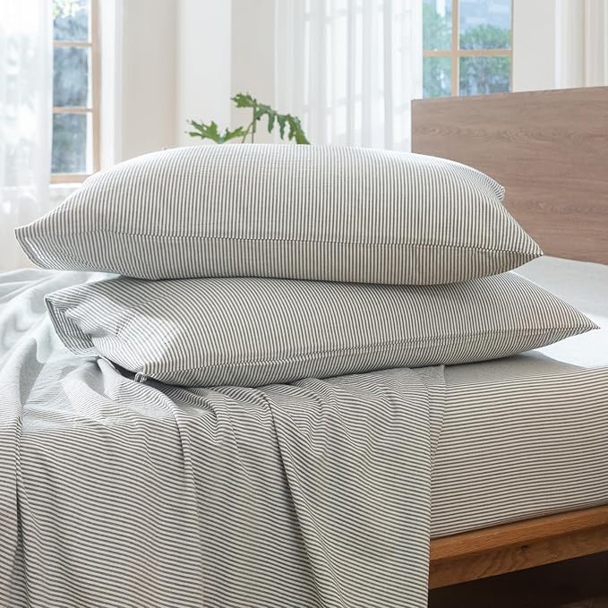 MooMee Striped Duvet Cover Set 100% Washed Cotton Linen Like Textured Breathable Durable Soft Comfy (Heathered Green Pinstripes, Cal King 104"x98")