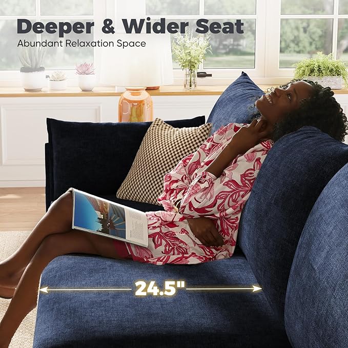 ABCASA Oversized Loveseat Sofa, Modern Modular Sectional Couch Blue Fluffy Chenille Mid Century 2-Seat 24.5" Deep Seat for Apartment, Living Room, Bedroom