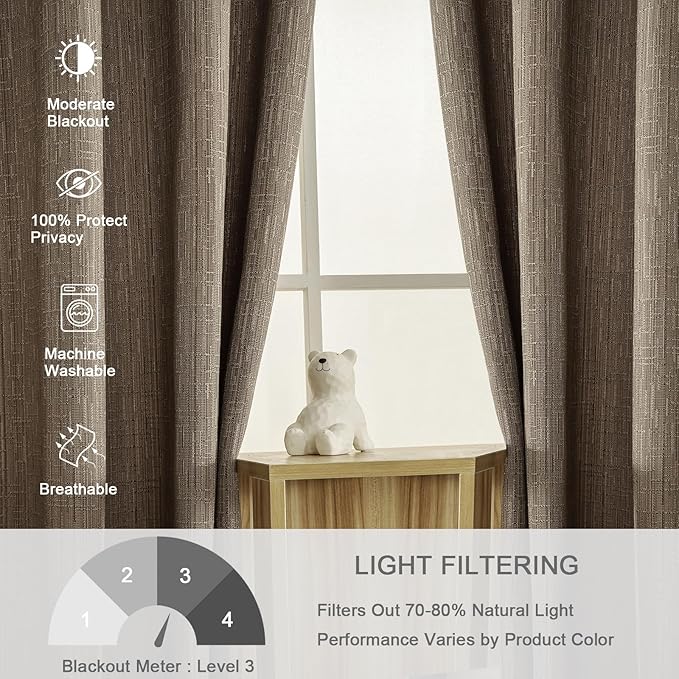 Jacquard Linen Curtains 96 inch Length 2 Panels Thick Faux Linen Blended Window Drapes Burlap Textured Curtains with Grommet for Living Room Bedroom Farmhouse (52x96 Dark Coffee) Natural