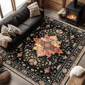 Area Rugs 7'x9' Washable Non-Slip, Floral Vintage Distress Print Pattern Medallion Carpet for Living Room Bedroom Dining Room, Black Colorful Floral Dark Tan