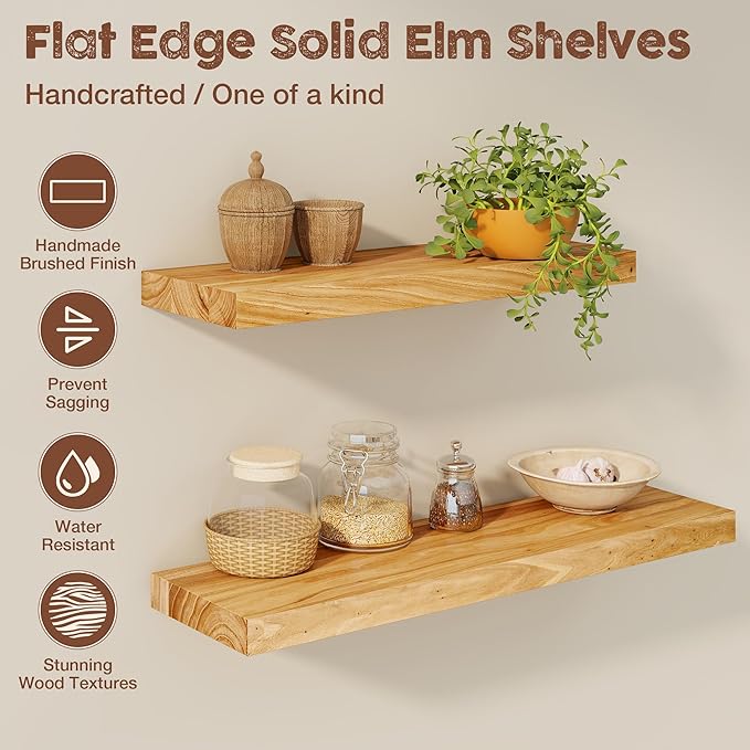 fuqing Floating Shelves for Wall, 40 inch Rustic Solid Elm Wood Floating Shelves, Wooden Wall Shelves with Invisible Heavy Duty Brackets for Living Room, Bedroom, Kitchen, Bathroom, 1 Pack, Natural