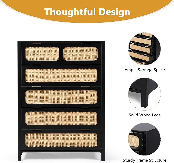 LEVNARY 5 Drawer Chest Dresser, Rattan Tall Dresser 5 Chest of Drawers Dressers for Bedroom, Wooden Storage Cane Cabinet with Metal Handles for Living Room Hallway (Black)