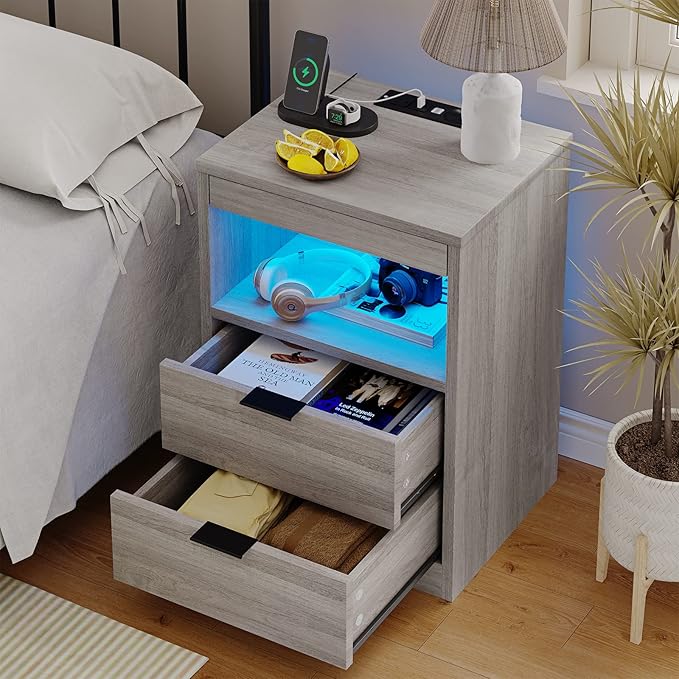 Tiptiper LED Nightstand with Wireless Charging Station, Farmhouse Nightstand with LED Light, Rustic End Table Side Table with Drawers, Pull-Out Tray and Open Storage, Grey Wood Grain