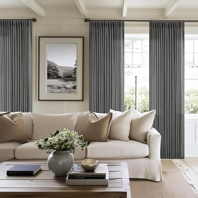 Charcoal Grey 84 Inch Pinch Pleated Linen Curtains 2 Panel Set for Living Room Thick Linen Textured Drapes 84 Inches Long Pinch Pleat Drapes Semi Sheer Curtain for Dining Bedroom Dark Slate Grey