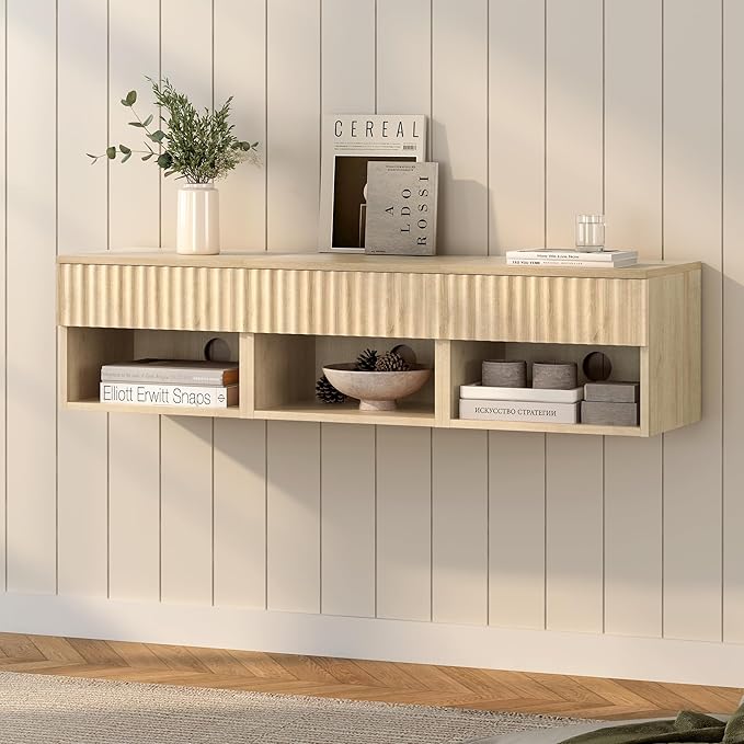 Floating Nightstand Set of 2 with Drawer, Fluted Modern Night Stand with Fluted Door and Open Storage Shelf Wall Mounted Bedside Table for Bedroom, Entryway Light Oak