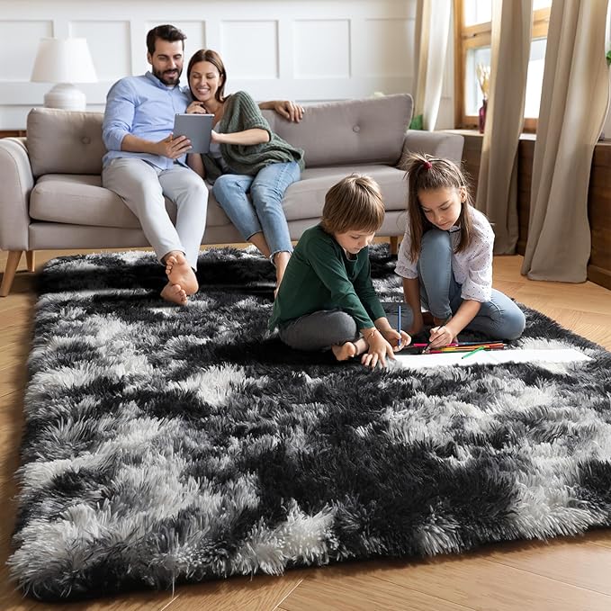 PAGISOFE Black White Rugs for Living Room 6x9, Shag Fuzzy Fluffy Washable Rugs for Bedroom Kids Room Playroom Dorm Shaggy Soft Carpet for Home Decor Aesthetic Plush Bedside Rug Modern Grey Rug