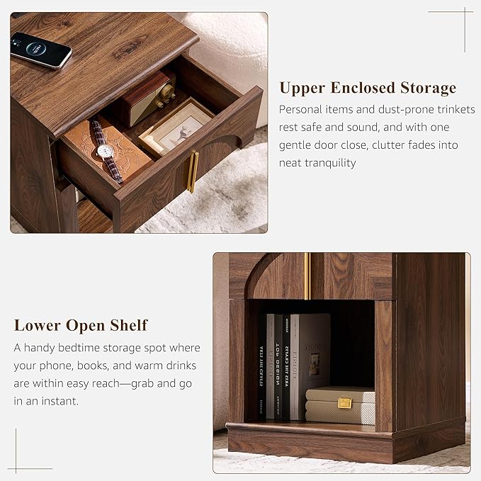 ACCOHOHO Modern Night Stand Set 2 with Arched Panel,18" Wooden nightstand with Charging Station,Bedside Table with Drawer Storage,Side End Table with Open Shelf for Bedroom、Living Room,Brown