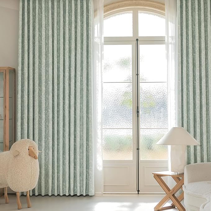 Beauoop Green Floral Jacquard Blackout Curtains 90 Inches Long 2 Panels for Bedroom Living Room Sage Flower Chenille Room Darkening Thermal Insulated Soundproof Grommet Window Treatments Drapes, 52x90