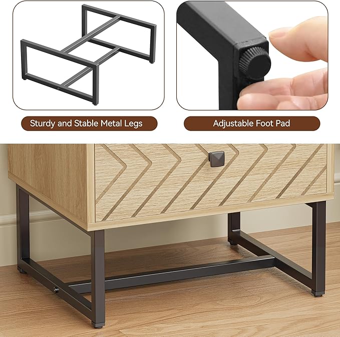 Modern Nightstand with Two Storable Drawers,Sturdy Bedside Table Space-Saving Night Stand with Black Metal Legs for Bedroom,Oak