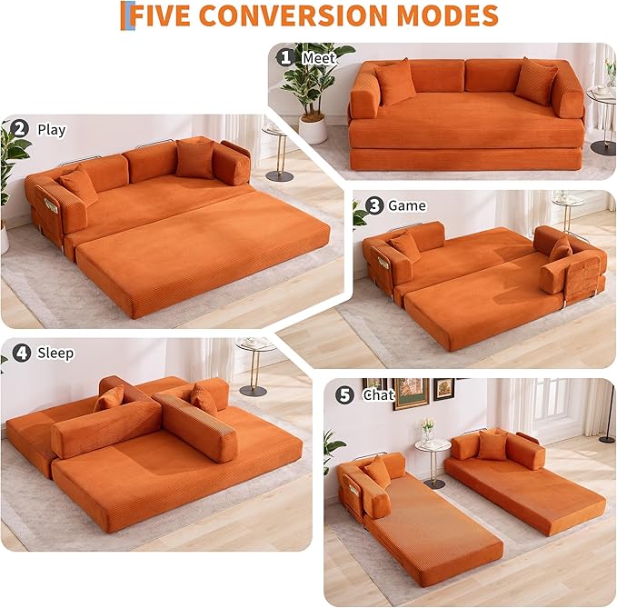 Garvee 5-in-1 Convertible Sofa Bed, 78.8" Modular Corduroy Sleeper with Sturdy Frame & No Assembly, Multi-Functional Futon for Small Space, Living Room & Guest Room (Orange)
