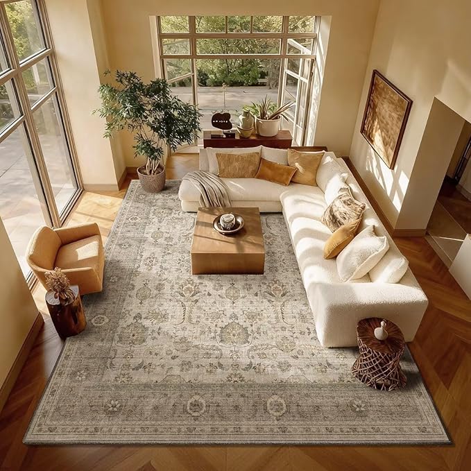 Washable 8x10 Area Rugs for Living Room, Boho Non-Slip Vintage Distress Large Rugs for Bedroom Dining Room Nursery Office, 0.3" Neutral Oriental Throw Thin Carpet, Flaxen/Brown/Multi