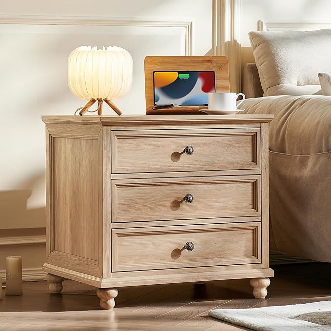 24" Wide Farmhouse Night Stand,Large End Table with 3 Drawers & Metal Handle,Natural Wood Dresser for Bedroom Cabinet, Bed Side Table Chest of Drawers,Nightstand for Living Room,Close