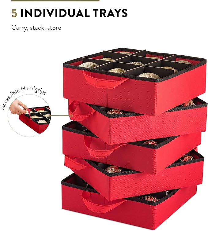 ZOBER All in One Christmas Ornament Storage Box & Decoration Container - Easy Access Removable Trays, Keeps 73 Ornaments - Adjustable Extent Area for Figurines and Pockets for Decoration - Red