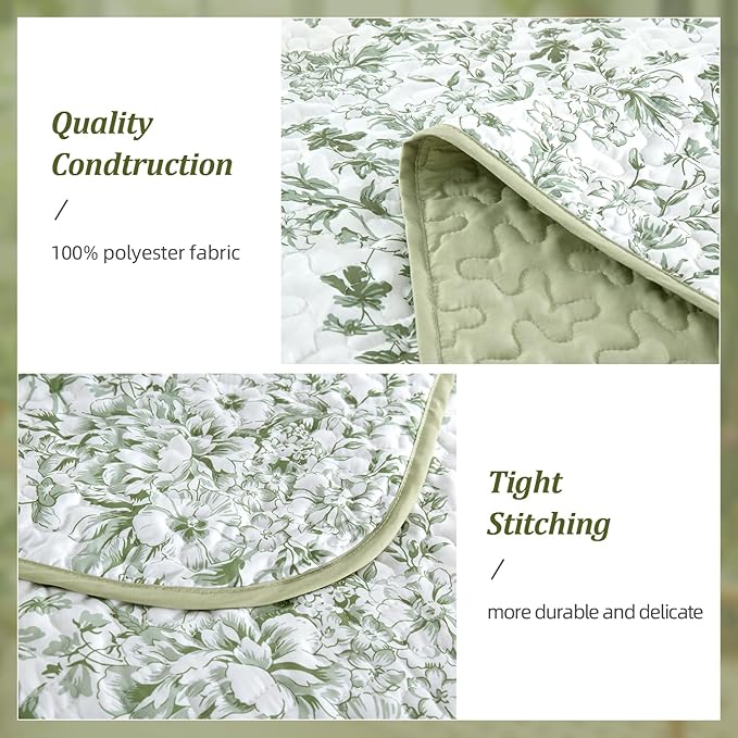 WONGS BEDDING Quilts Queen Size, Sage Green Quilt Bedding Set with 2 Pillowcases, Botanical Quilt for Queen Bed, Soft Microfiber Lightweight Coverlet Bedspread for All Season (96"×90", 3 Pieces)