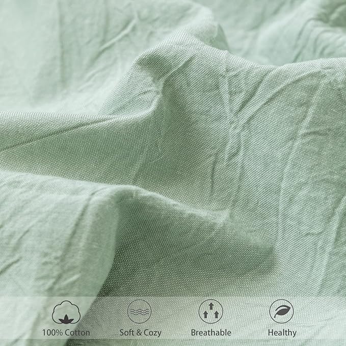 MooMee Fitted Bottom Sheet Only 100% Washed Cotton Linen Like Textured Breathable Durable Soft Comfy Deep Pocket Fits Mattress up to 17" (Sage Green, Queen)