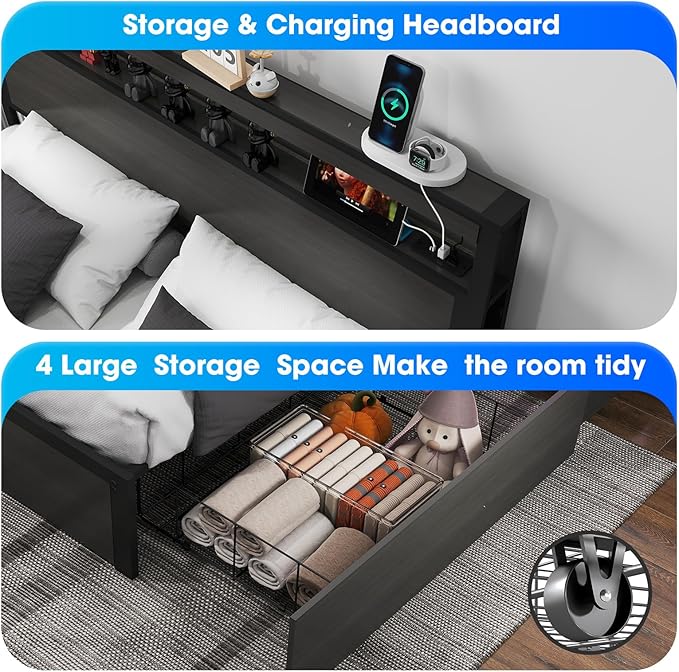 Fabuils Full Size Bed Frame with Storage, LED Wood Bed Platform with Headboard, 4 Drawers, Charging Station, No Box Spring Needed, Metal Support Base,Charcoal Grey