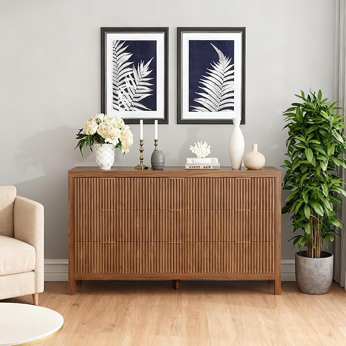 Modern 9 Drawer Dresser, Mid-Century Storage Chest with Solid Wood Legs, Large Organizer Cabinet & TV Stand for Bedroom, Living Room, or Hallway, Walnut Oak