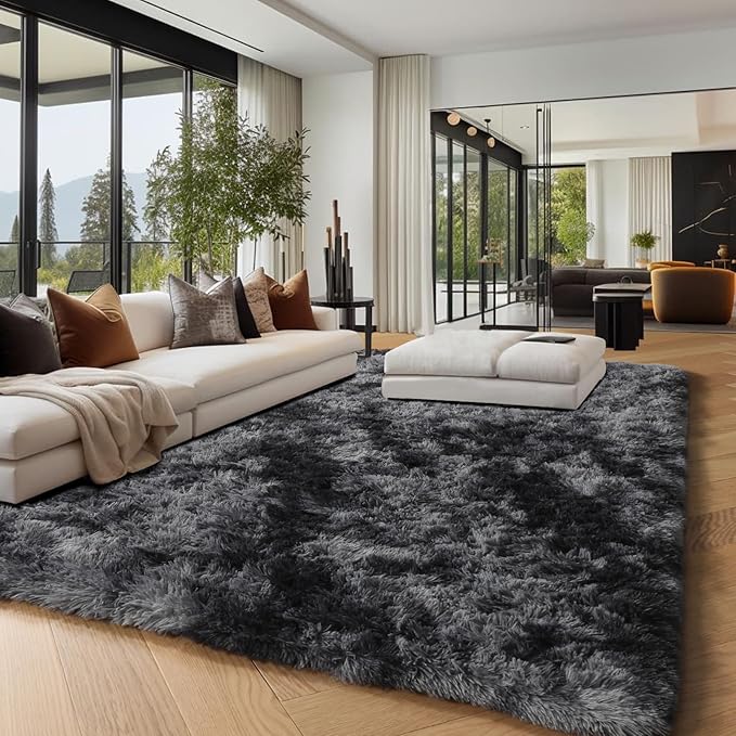 PAGISOFE Abstract Shaggy Area Rug 6x9 Feet,Plush Fluffy Rugs for Living Room,Tie-Dyed Grey Soft Rug for Bedroom,Furry Rugs for Girls Boys Kids Room,Extra Large Fuzzy Rug, Shag Carpets for Room Decor