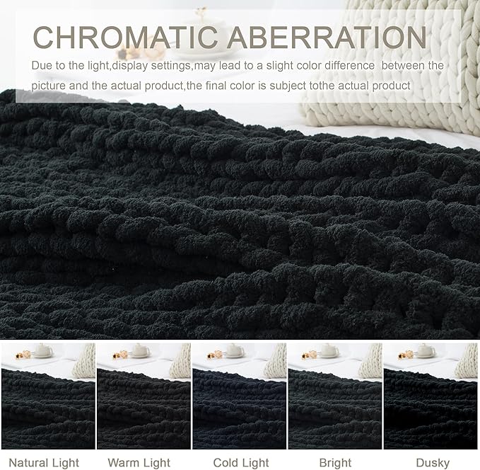 Chunky Knit Throw Blanket 60"X 80", 100% Handmade with Soft Chenille Yarn, 6.7lbs Thick Cable Knitted Blankets, Large Rope Knot Crochet Throws for Couch Sofa Bed Home Decor, Black