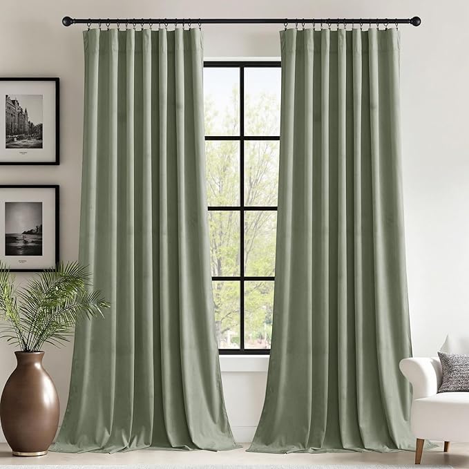 StangH Sage Green Velvet Curtains for Nursery Bedroom Rod Pocket Room Darkening Privacy Curtain Panels Heritage Plush Heat Insulation Drapes for Living Room, W62 x L84, 2 Panels