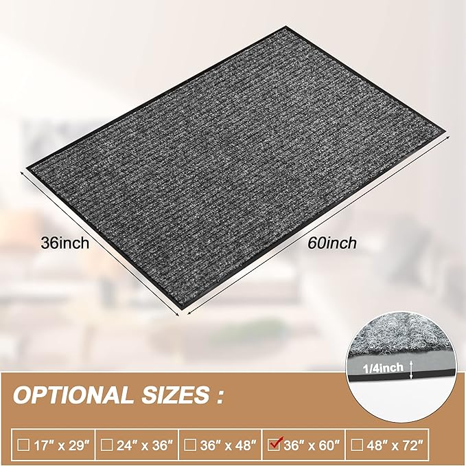 Durable Front Door Mat, Heavy Duty Indoor Outdoor Doormat, 60” x 36” Low Profile Outdoor Mats for Home Entrance, Stain and Fade Resistant Shoe Scraper Mat, Ideal for High Traffic Area