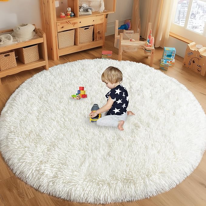 Round White Rug for Bedroom, 7 ft Circle Area Rugs for Living Room, Soft Large Fluffy Shag Carpet for Teen Girls Boys Nursery Room Dorm Home Decor Aesthetic