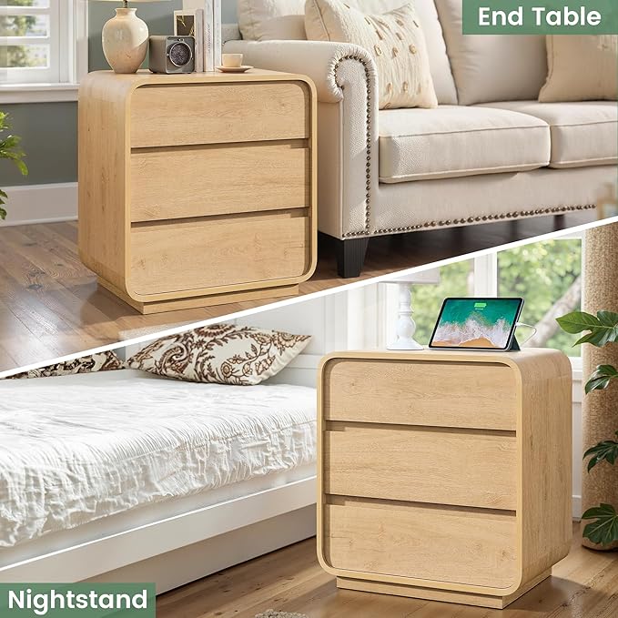 Natural Curved Nightstand Set of 2, 23.2" Large Wood Bedside Table with 3 Drawers, Charging Station, Modern Side Table, Mid-Century End Table Night Stand for Bedroom Sofa,