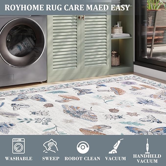 Washable Rug 5x7 Area Rugs for Living Room, Mushroom Insect Rug for Bedroom, 5x7 Rug Non Slip Throw Rugs with Rubber Back, Low Pile Stain Resistant Modern Carpet for Dining Room Dorm,Beige