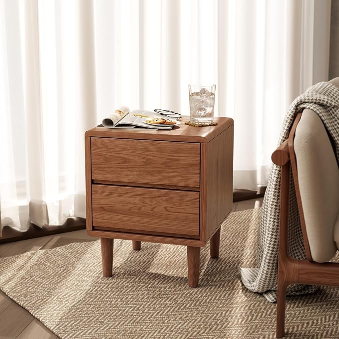 Solid Wood Nightstand Walnut Night Stand with Drawers Mid Century Modern Nightstand with Storage,Wood Night Stand,Small Bedside Table for Bedroom,Living Room,Office,Walnut Bedside Table