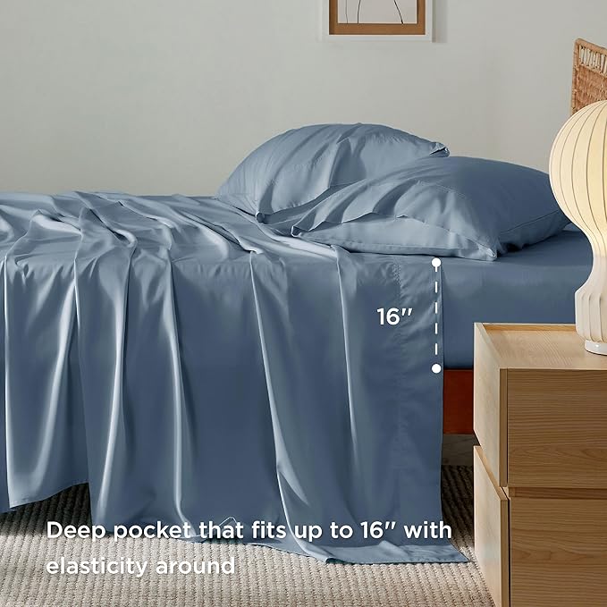 Bedsure Full Size Bed Sheets, Cooling Sheets, Rayon Derived from Bamboo, Breathable & Soft, Deep Pocket Up to 16 Inches, Hotel Luxury Silky Bedding for Hot Sleepers, Dusty Blue