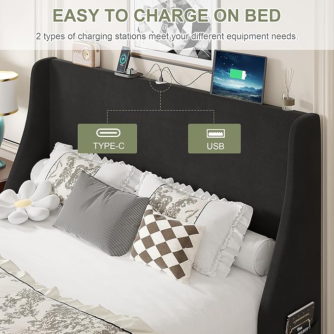 VECELO Full Bed Frame with Upholstered Wingback Headboard, Heavy-Duty Platform Bedframe with Charging Station, Wooden Slats, No Box Spring Needed, Grey