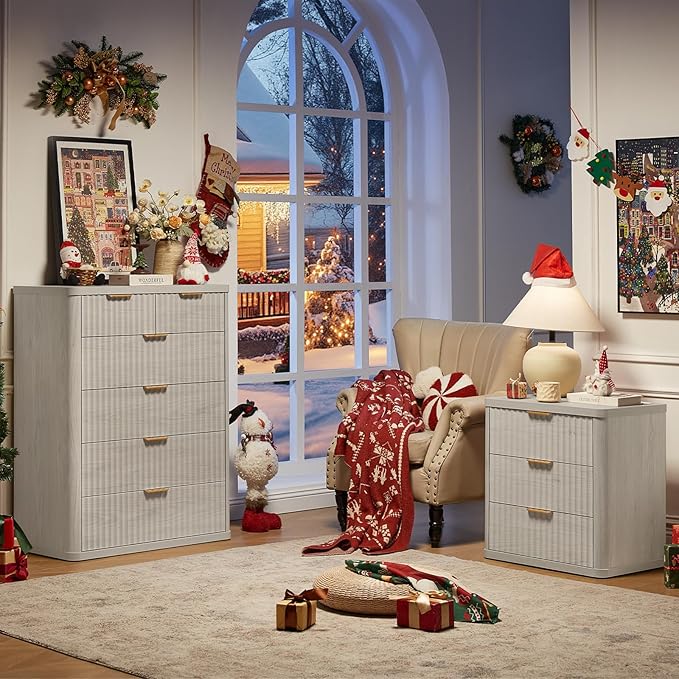 LEYAOYAO Fluted Farmhouse Nightstand Set of 2 with Charging Station, 23" Wide 3 Drawers Night Stand,LightGrey Dresser for Bedroom,Bed Side Table Chest of Drawers,Wood End Table for Living Room