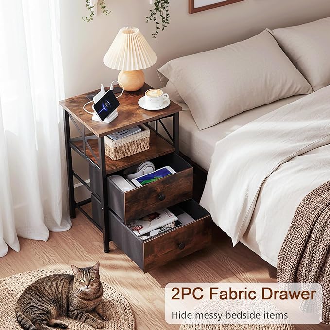 AMHANCIBLE Night Stand Set 2, LED Nightstand with Charging Station, End Tables Living Room with Fabric Drawers, Bed Side Table for Bedroom, Rustic Brown, HET052LBR