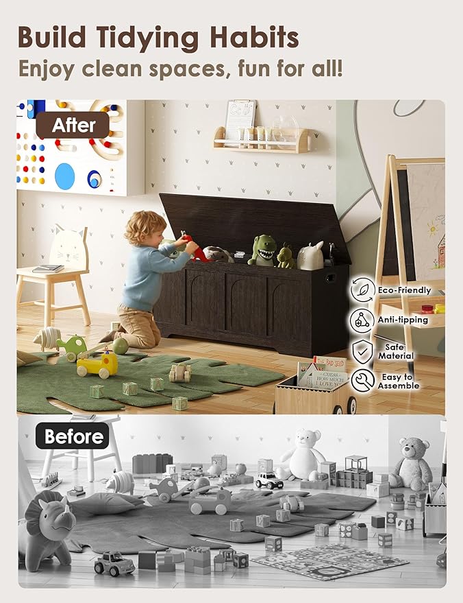 DINZI LVJ Storage Chest, 50” Extra Large Storage Bench with 2 Safety Hinges, Wooden Toy Box with Flip-Top, Large Trunk for Living Room, Playroom, Easy Assembly, Espresso