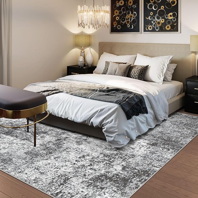 Square Area Rug Living Room Rugs - 8x8 Washable Large Soft Indoor Neutral Modern Abstract Low Pile Rug Carpet for Bedroom Dining Room Farmhouse Home Office - Grey